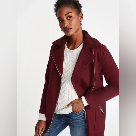 ✨NWT Old Navy Wine Red Long Brushed Felt Sherpa Collar Moto Jacket Coat Medium - Picture 12 of 12